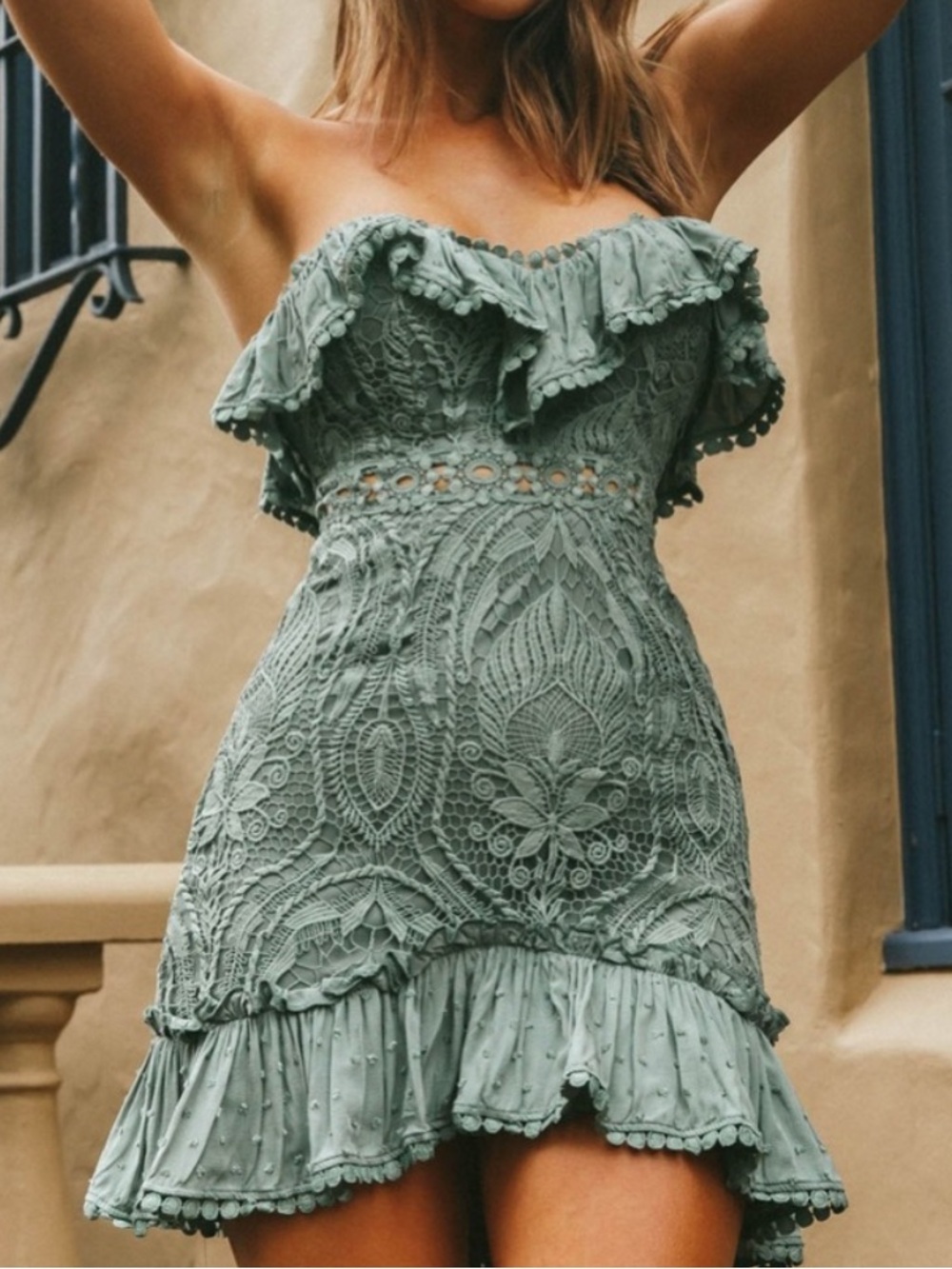 Strapless Olive Lace Ruffle Mini Dress